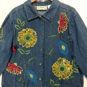 Tantrums Denim Jacket Medium Blue Sunflower Floral Sequin Ladybug Embroidered